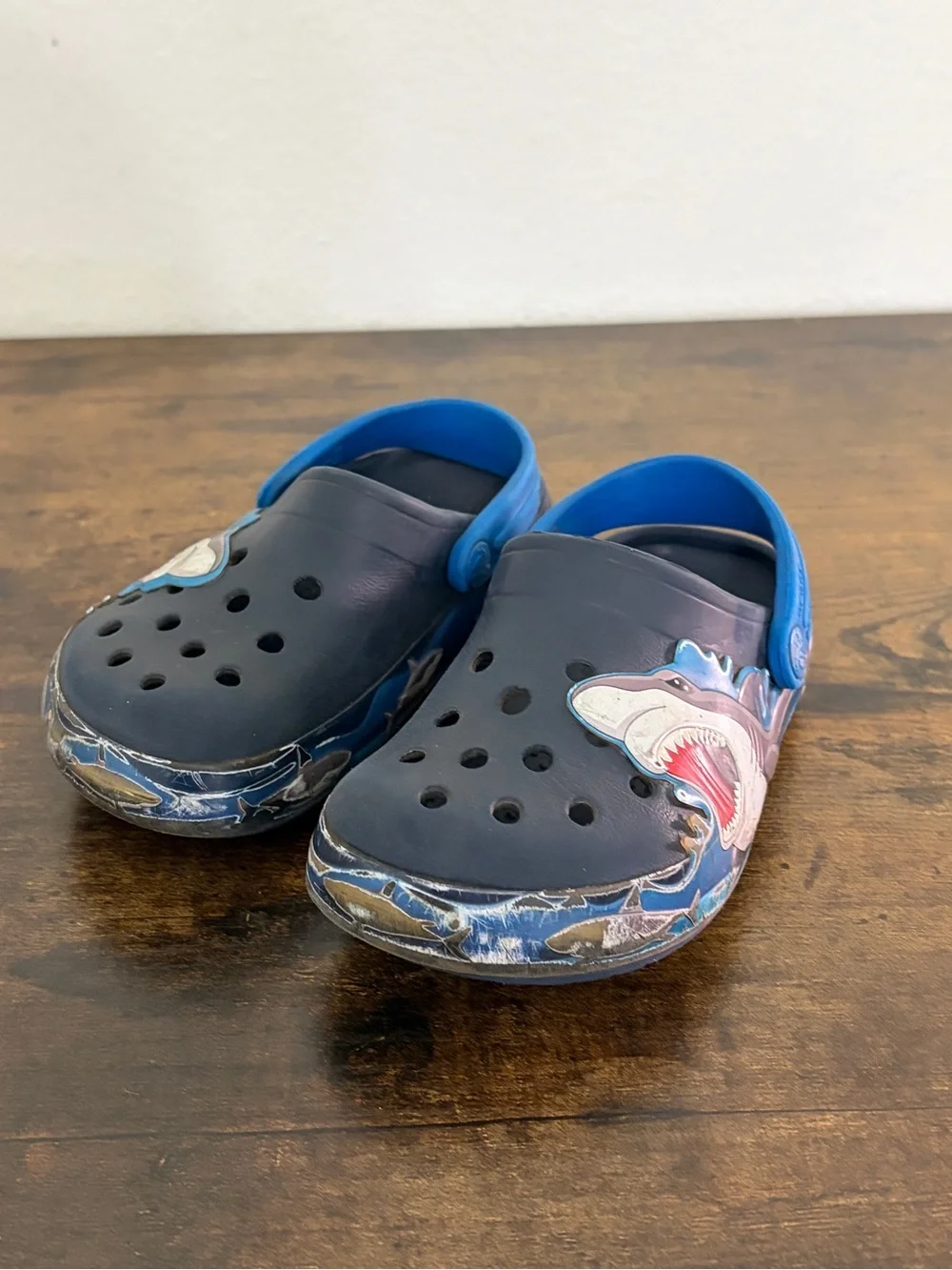 CROCS Kids Shark Clogs in Navy and Bright Blue